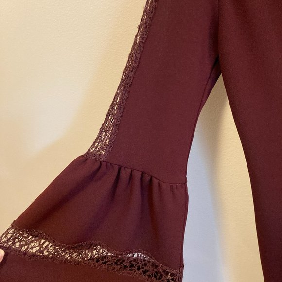 Antonio Melani Shift Dress Burgundy Sz 4 w/Lace Details Bell Sleeves Minimalist - Picture 5 of 13